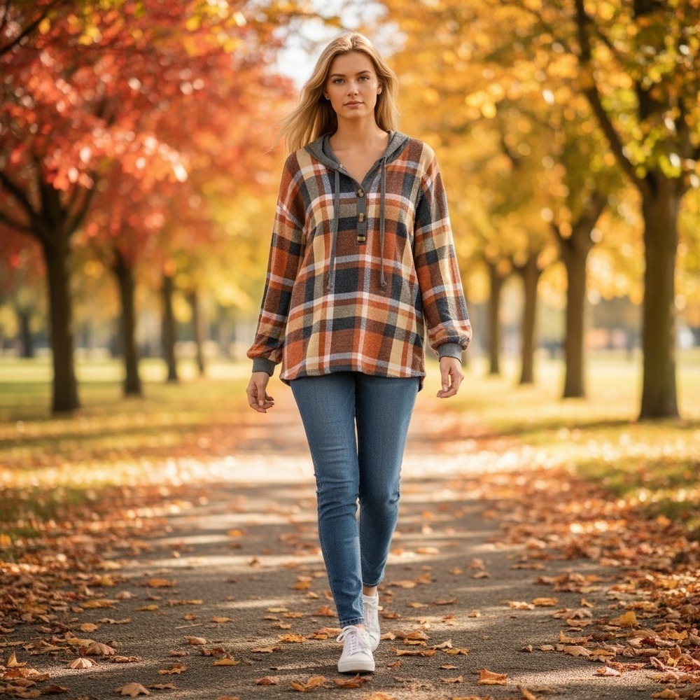 BiBi Plaid Button Henley Hoodie Size M Orange Gray Drop Shoulder Top